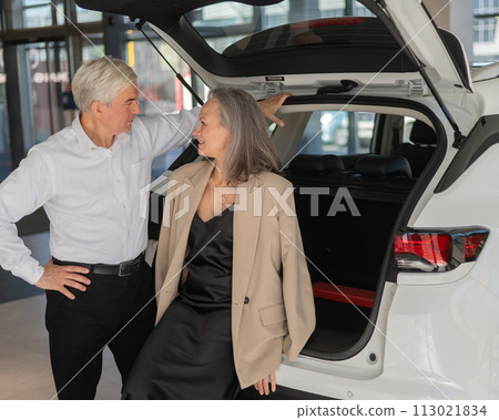 Mature Caucasian couple choosing a car looks at the trunk. Mature Caucasian couple choosing a car looks at the trunk. 113021834