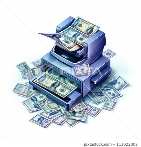 Isometric view of Printer printing money banknotes. QE policy concept. By generative Ai Isometric view of Printer printing money banknotes. QE policy concept. By generative Ai 113022002