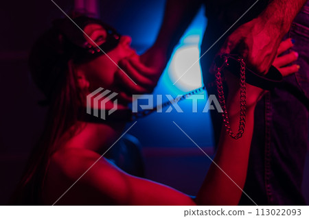 A woman is kneeling in front of a man. Role-playing games. Blowjob.  113022093