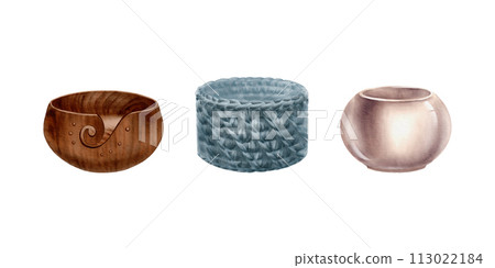 Wooden bowl, knitted basket, glossy round pot. Baskets, storage containers for accessories, knitting supplies. Set of watercolor illustrations. Good for knitting stores,knitting school,websites,blogs. 113022184
