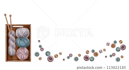 Skeins of yarn and a passel of yarn in a wooden crate with wooden spokes and buttons.. Top view.Watercolor. For flyers, social media, websites, knitting school, business cards. 113022185