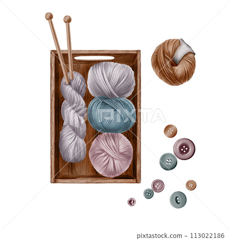 Skeins of yarn and a passel of yarn in a wooden crate with wooden spokes and buttons.. Top view.Watercolor. For flyers, social media, websites, knitting school, business cards. Skeins of yarn and a passel of yarn in a wooden crate with wooden spokes and buttons.. Top view.Watercolor. For flyers, social media, websites, knitting school, business cards. 113022186