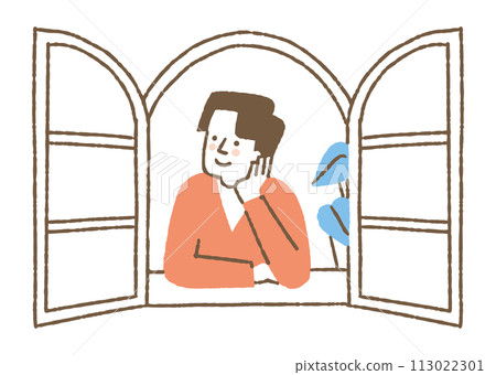 Young man looking out the window_color Young man looking out the window_color 113022301