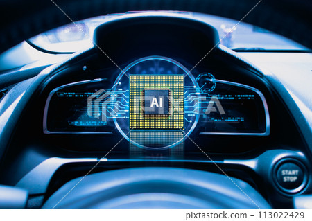 Electric cars powered by AI Artificial Intelligence processors , futuristic tone  113022429