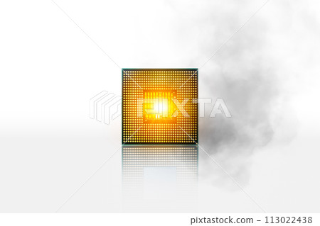 Computer processor chipset CPU overheats and burns with smoke around. CPU processor isolated 113022438