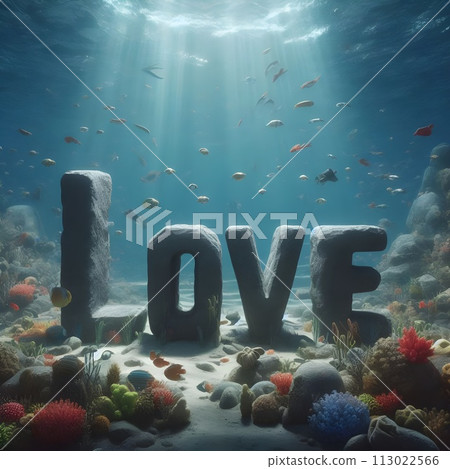 Rock letters lying on the seabed, forming the text love. Rock letters lying on the seabed, forming the text love. 113022566