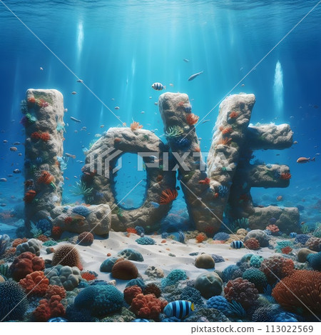 Rock letters lying on the seabed, forming the text love. 113022569