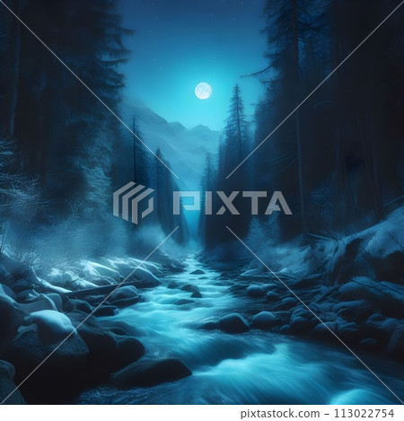 River in forest at night only moon is shinning and making blue light at scene. 113022754