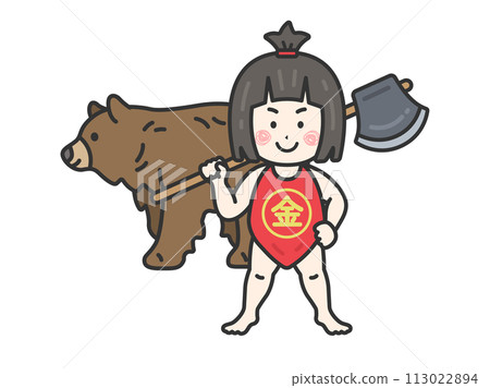 Illustration of Kintaro and the bear (line drawing color) 113022894