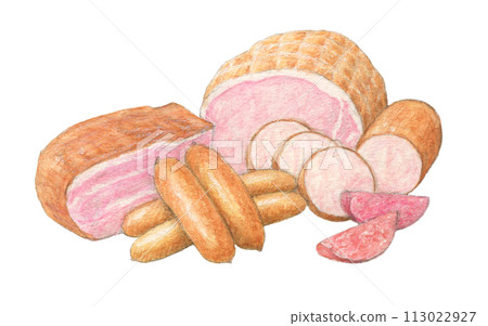 各種火腿香腸水彩鉛筆插圖 各種火腿香腸水彩鉛筆插圖 113022927