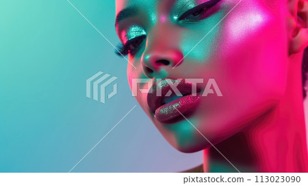 Fashion portrait of young beautiful woman with bright makeup. Fashion portrait of young beautiful woman with bright makeup. 113023090
