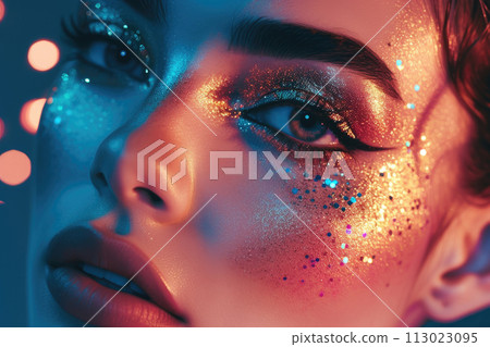 Close-up portrait of a beautiful young woman with bright make-up 113023095