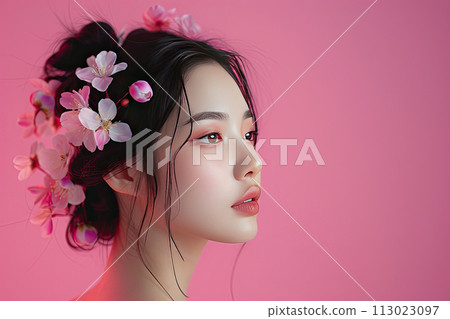 Beauty portrait of asian woman with flowers in her hair. 113023097
