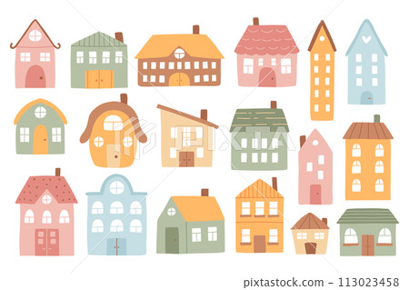 Set of houses in boho style. Vector collection of clip arts with houses in hand-drawn style. Isolated simple houses. Set of houses in boho style. Vector collection of clip arts with houses in hand-drawn style. Isolated simple houses. 113023458