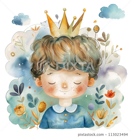 dreamy child with crown, prince boy serene watercolor flowers and clouds, magical nursery illustration dreamy child with crown, prince boy serene watercolor flowers and clouds, magical nursery illustration 113023494