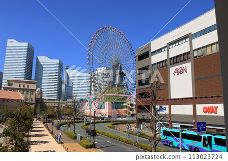 Views from riding in Yokohama Air Cabin showing Yokohama's Minatomirai area from above through the mirrored windows. In Yokohama Japan. Views from riding in Yokohama Air Cabin showing Yokohama's Minatomirai area from above through the mirrored windows. In Yokohama Japan. 113023724