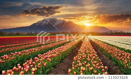 Sunset over the blooming tulip field 113023826