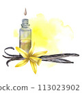 Vanilla flower with bottle and essential oil. Watercolor hand drawn illustration of yellow orchid flower and vanilla oil bottle on white isolated background. Sketch for design logo and icon. 113023902