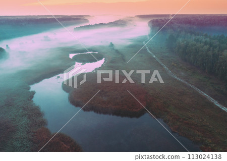 Early misty morning, sunrise over lake. Rural landscape in summer. Aerial view 113024138