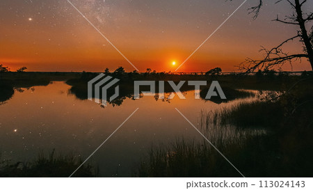 Lake Nature Landscape. Night Starry Sky Milky Way Galaxy With Glowing Stars. Nature Hyperlapse. Night Sky Reflection In Water Lake Nature Landscape. Night Starry Sky Milky Way Galaxy With Glowing Stars. Nature Hyperlapse. Night Sky Reflection In Water 113024143