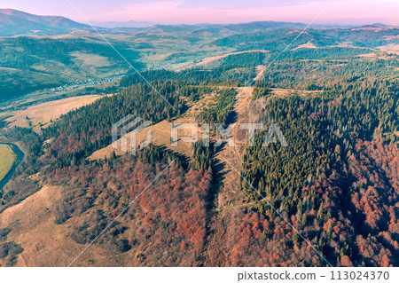 Aerial view of colorful slopes of mountains on a sunny day. View of the mountains in autumn. Beautiful nature landscape. Carpathian mountains. Ukraine 113024370