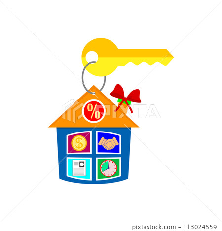 Pendant house and key. Keychain with key ring. Concept for real estate agents and agencies, sale and rent of a house and buyer or customer. Vector illustration. Clipart and drawing. 113024559