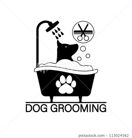 Dog grooming. The dog is washing in the bathtub. Vector clipart and drawing. Isolated illustration on white background. 113024562