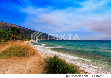 Beautiful panoramic view of beach.Kinira Beach, Thassos, Greece 113024599