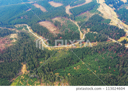 View from above of the mountain winding road in autumn. Carpathian mountains. Ukraine 113024604