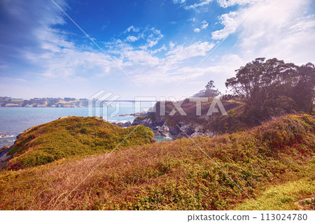 Seascape with the rocky shore in spring. View of Ria de Ribadeo del Eo bay. Puente de Los Santos bridge on the horizon. Ribadeo, Spain Seascape with the rocky shore in spring. View of Ria de Ribadeo del Eo bay. Puente de Los Santos bridge on the horizon. Ribadeo, Spain 113024780