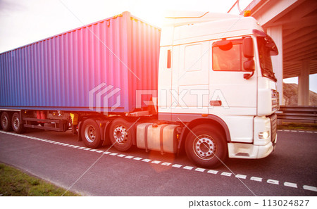 A container truck with a semi-trailer transports cargo from a port to another country along a highway in the summer against the backdrop of the sun. Logistics in cargo transportation, business, A container truck with a semi-trailer transports cargo from a port to another country along a highway in the summer against the backdrop of the sun. Logistics in cargo transportation, business, 113024827