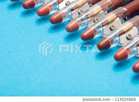 Set of brown soft lip pencils on a blue background. Concept of trendy makeup cosmetics for a girl, close-up. Copy space for text 113024869