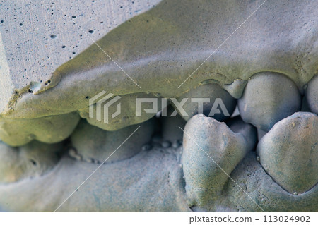 Blue plaster impression of the dental jaw of a patient with crooked teeth and malocclusions. Manufacturing of dentures and crowns based on orthodontic impressions, close-up 113024902