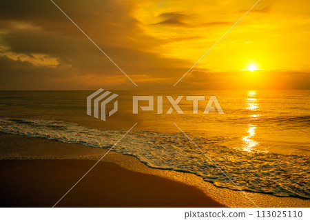 Seascape in the early morning. Golden sunrise over the sea. Nature landscape 113025110
