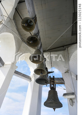 Bells on the belfry of the medieval Spaso-Preobrazhensky Monastery in Yaroslavl, Russia Bells on the belfry of the medieval Spaso-Preobrazhensky Monastery in Yaroslavl, Russia 113025148