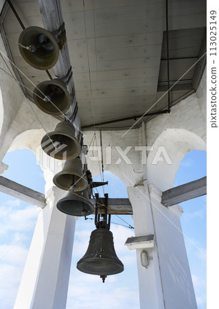 Bells on the belfry of the medieval Spaso-Preobrazhensky Monastery in Yaroslavl, Russia Bells on the belfry of the medieval Spaso-Preobrazhensky Monastery in Yaroslavl, Russia 113025149