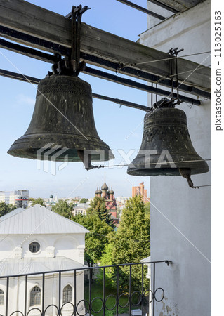 Bells on the belfry of the medieval Spaso-Preobrazhensky Monastery in Yaroslavl, Russia Bells on the belfry of the medieval Spaso-Preobrazhensky Monastery in Yaroslavl, Russia 113025163