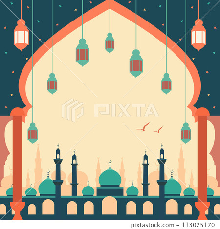 Mosque Islamic Eid Al Fitr Festival Card with Frame and Copy Space Mosque Islamic Eid Al Fitr Festival Card with Frame and Copy Space 113025170