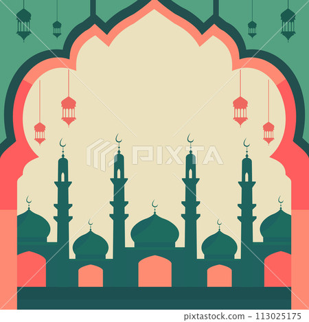 Mosque Silhouette Islamic Eid Al Fitr Festival Card with Copy Space Mosque Silhouette Islamic Eid Al Fitr Festival Card with Copy Space 113025175