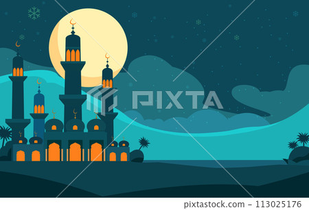 Islamic Mosque Eid Al Fitr Festival Card in Night Sky Islamic Mosque Eid Al Fitr Festival Card in Night Sky 113025176