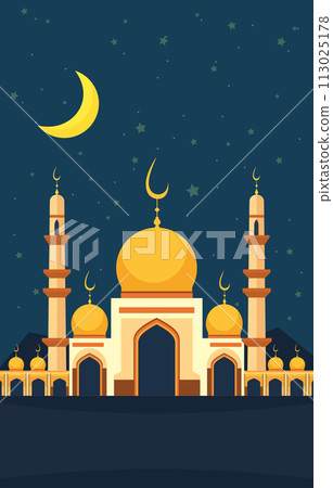 Islamic Mosque Eid Al Fitr Festival Card in Night Sky 113025178