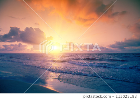 Seascape in the early morning. Pink sunrise over the sea. Nature landscape 113025188