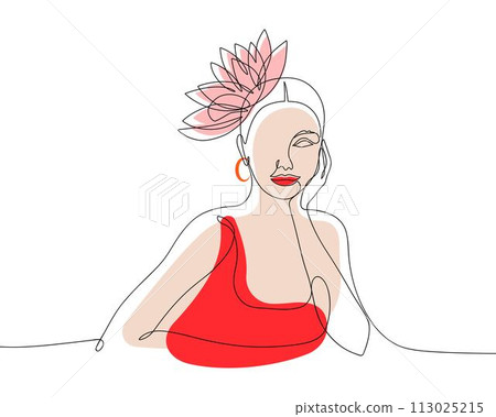 Abstract one line continuous woman minimalist portrait on white background. Hand drawn outline vector illustration. 113025215