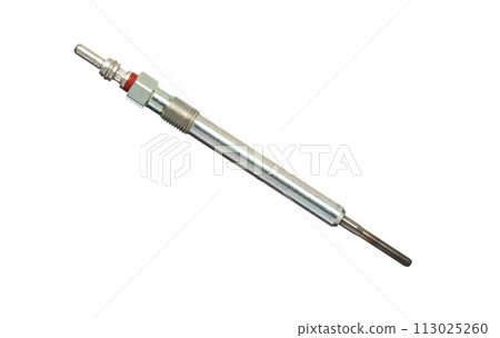 Modern ceramic rod glow plug for diesel engine on a white background, isolate, close-up. Heating element of a car combustion chamber, engine start 113025260