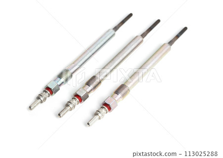 Rod ceramic glow plugs for a diesel engine on a white background, close-up, isolate. Heating element Rod ceramic glow plugs for a diesel engine on a white background, close-up, isolate. Heating element 113025288