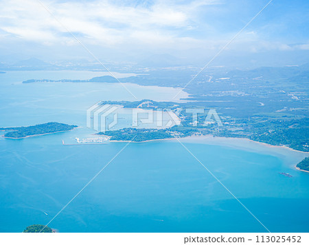 Sea Ocean Water Island Mountain Cloud Sky Background Top View Travel Drone Airplane Beautiful Summer Tropical Nature Fresh Shore Coast Beach Sand Sunshine Day Photo, Toursim Relax Vacation Holidays. Sea Ocean Water Island Mountain Cloud Sky Background Top View Travel Drone Airplane Beautiful Summer Tropical Nature Fresh Shore Coast Beach Sand Sunshine Day Photo, Toursim Relax Vacation Holidays. 113025452
