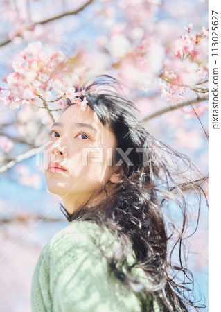 Portrait of a beautiful woman with cherry blossoms Portrait of a beautiful woman with cherry blossoms 113025627