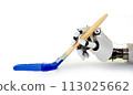 Hand robot holding paint brush blue on a white background 113025662