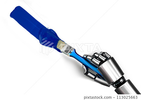Hand robot holding paint brush blue on a white background Hand robot holding paint brush blue on a white background 113025663