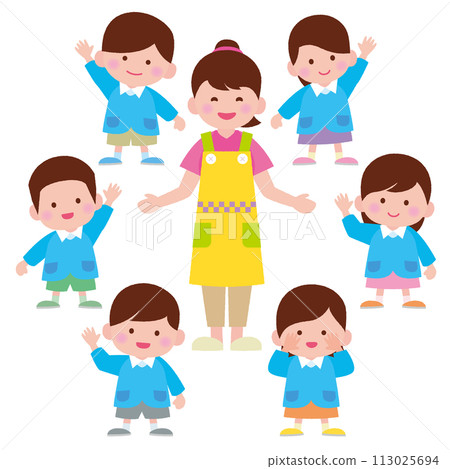 一位女托兒所老師和穿著工作服的孩子們 一位女托兒所老師和穿著工作服的孩子們 113025694